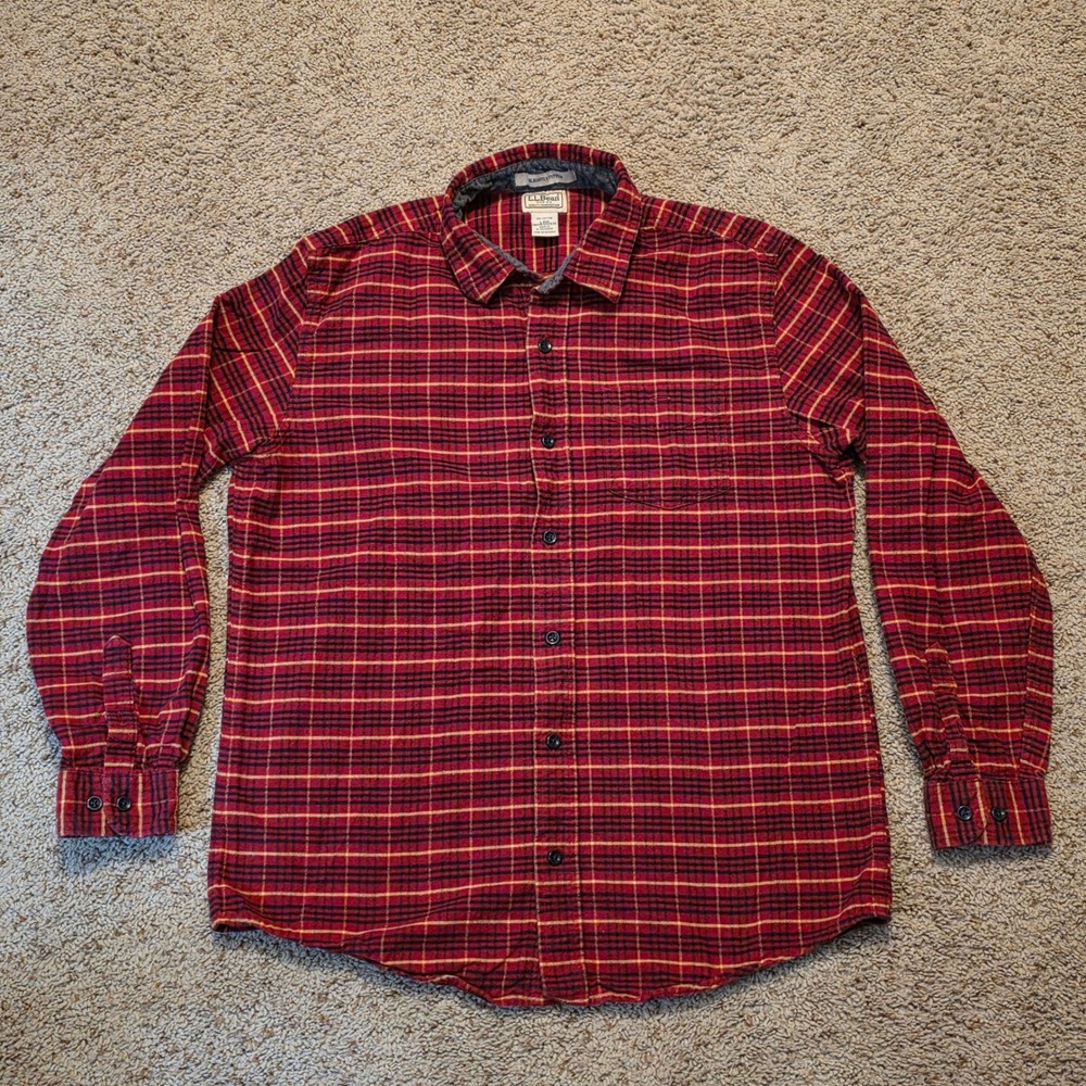 LL Bean Mens Slightly Fitted Flannel Shirt Red Yellow Plaid Cotton Large 502830